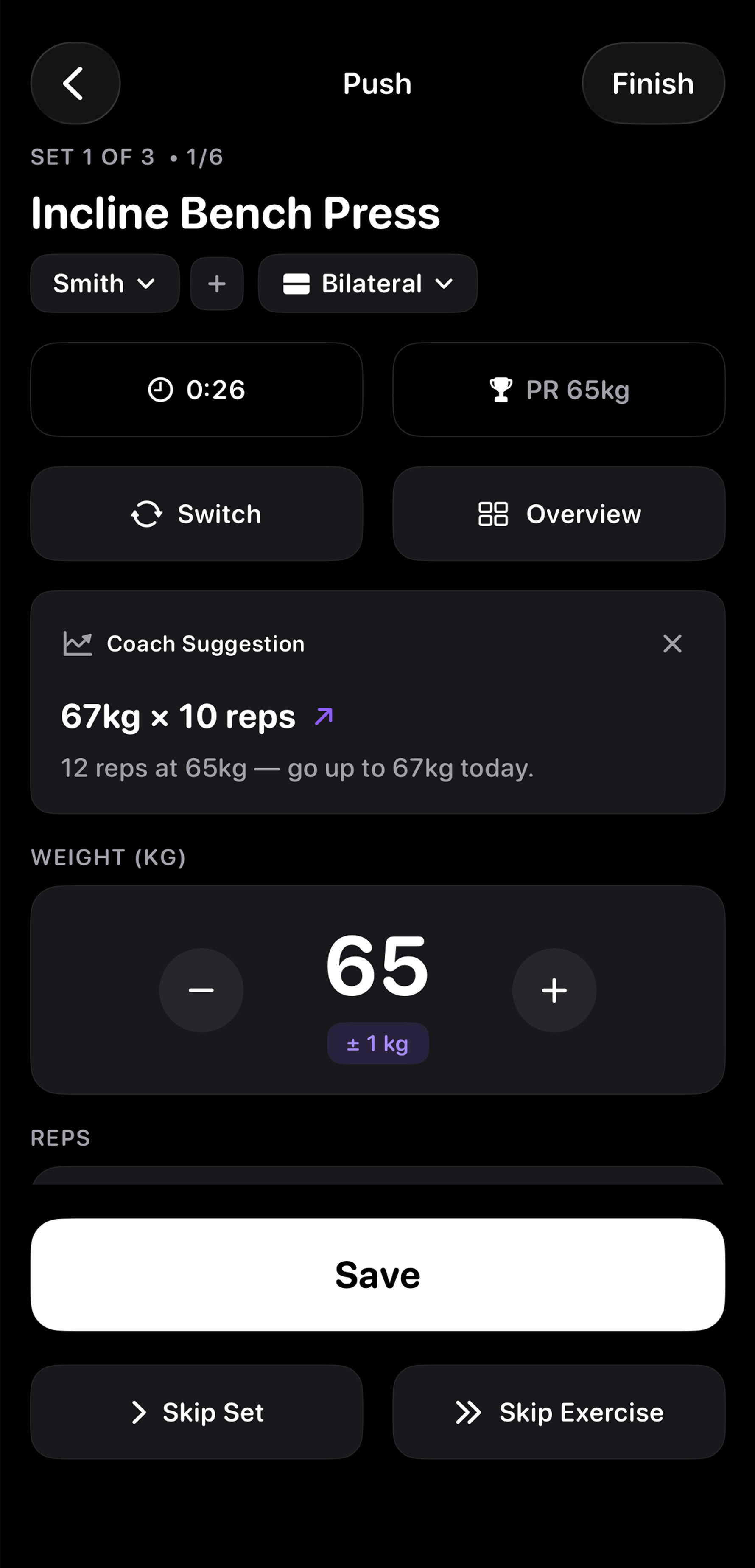 Active workout screen with AI coach suggestion