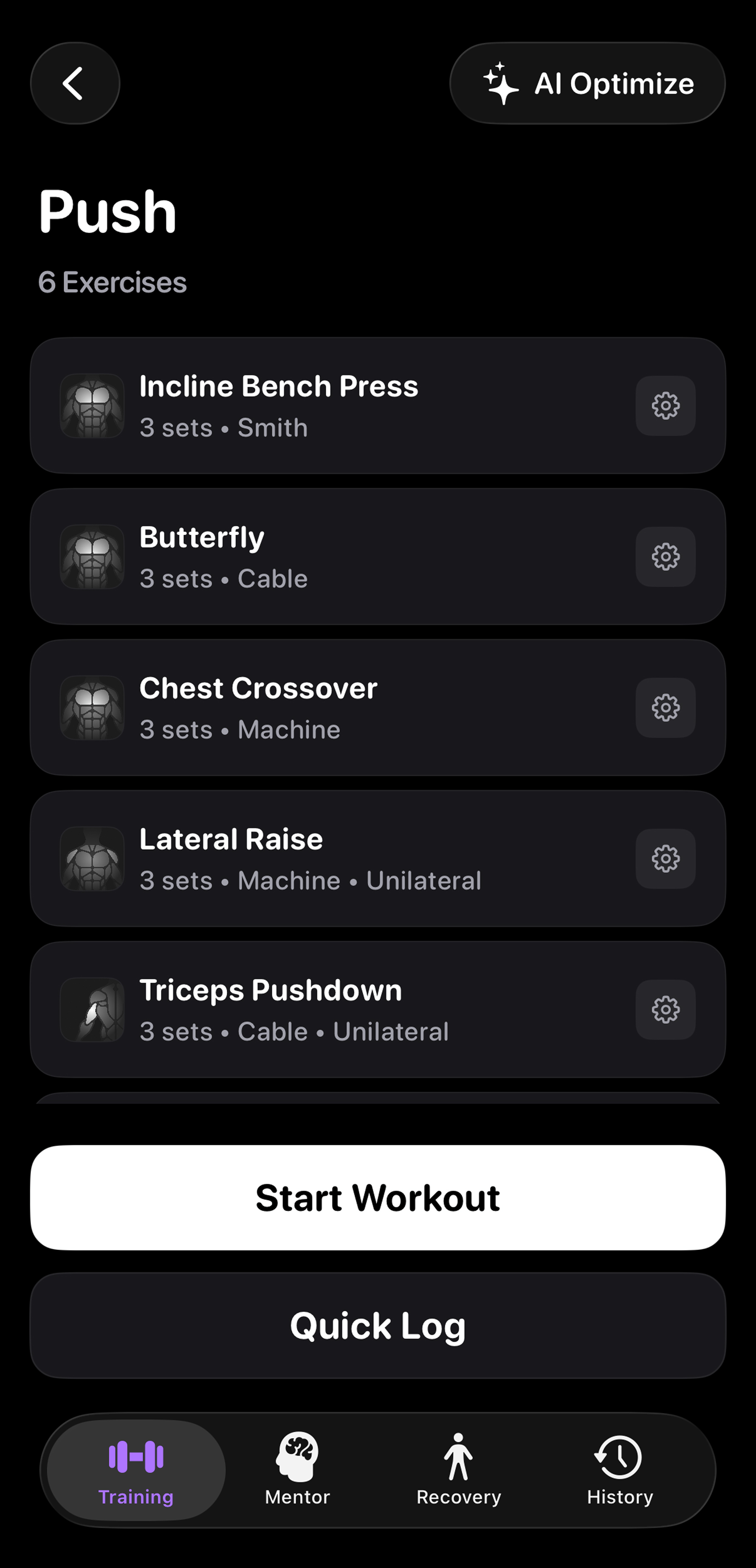 Routine detail with exercise list and AI optimize