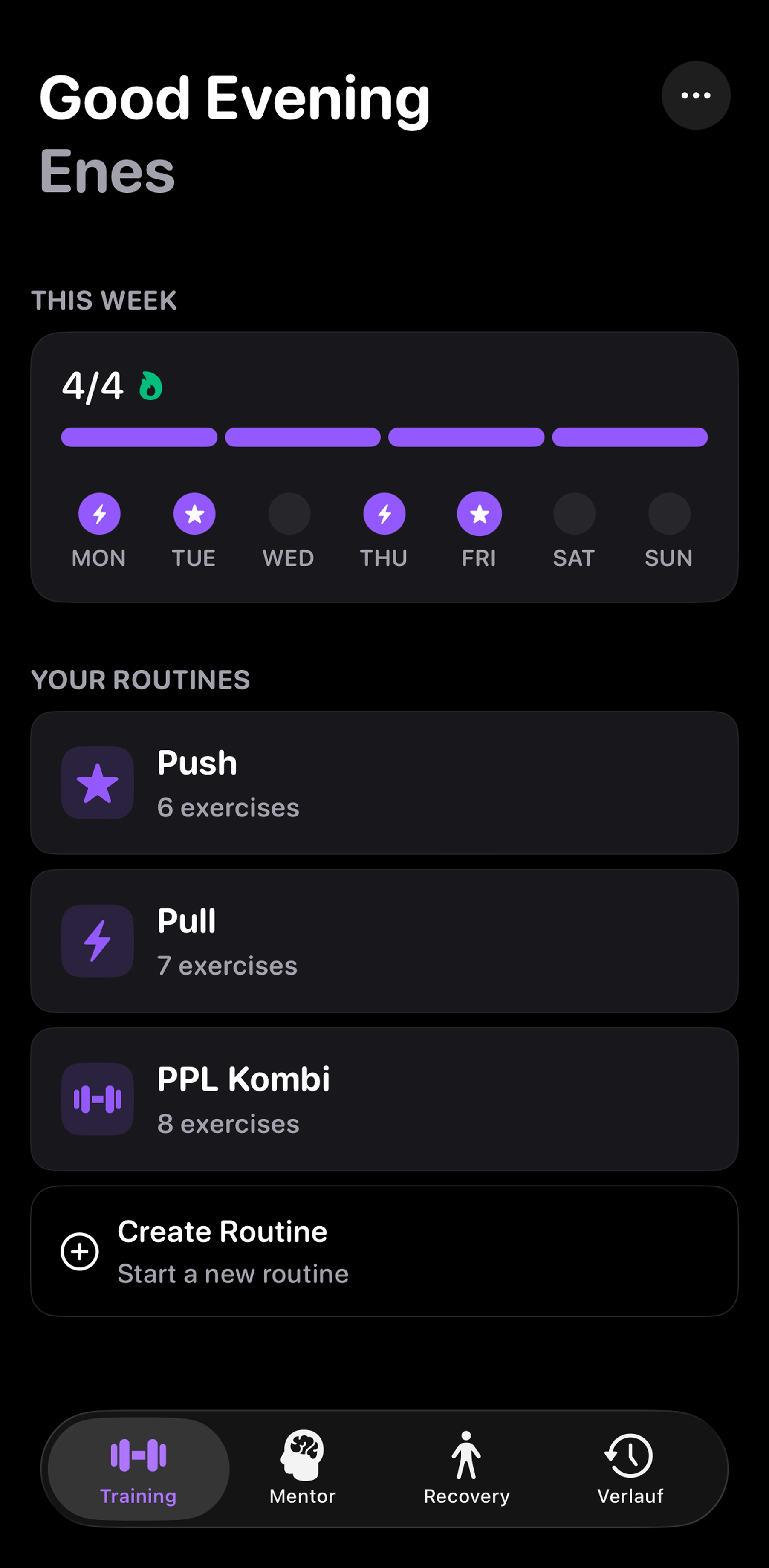 Reps app home screen with weekly heatmap and routines