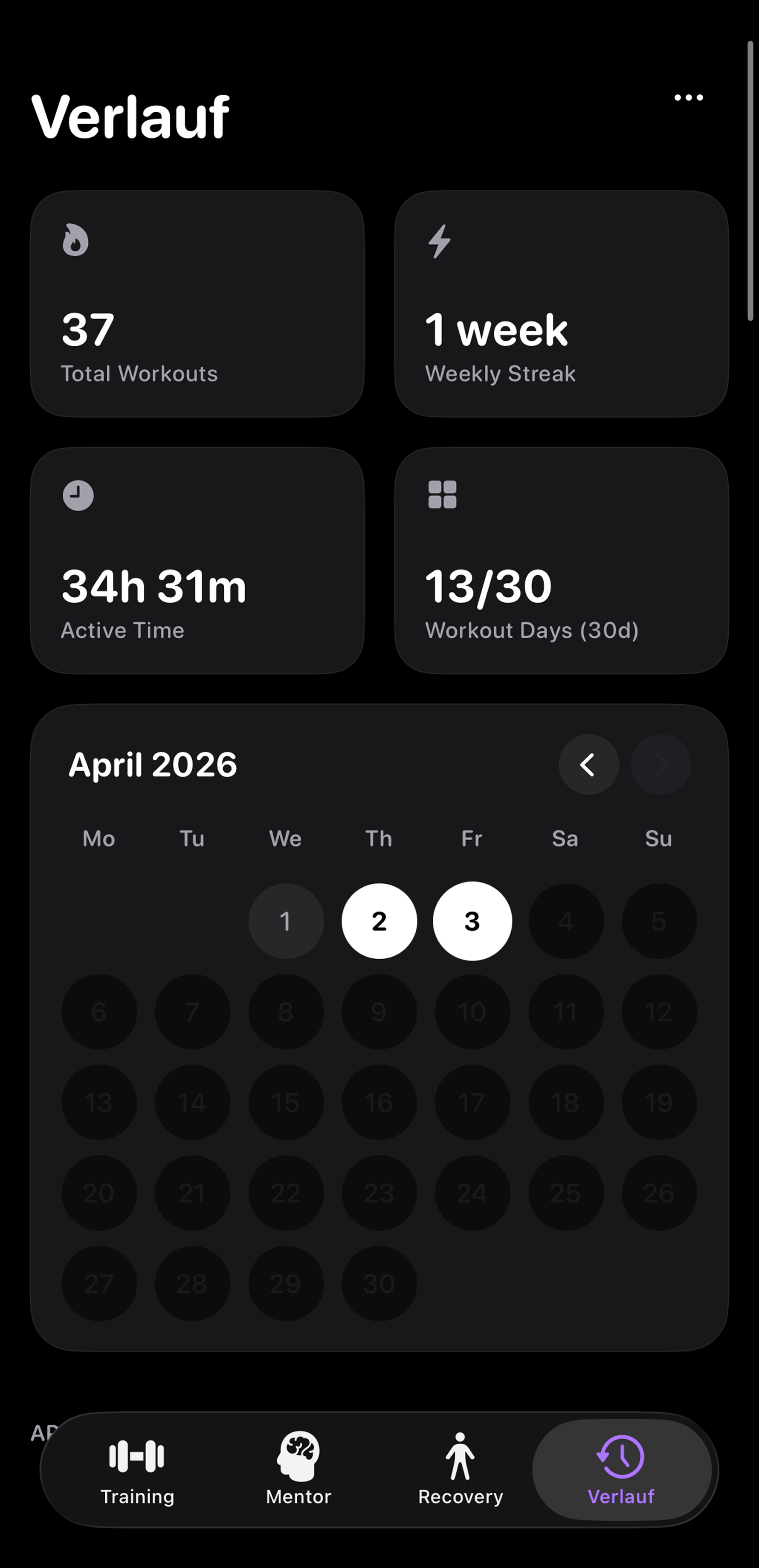 History view with stats and calendar heatmap