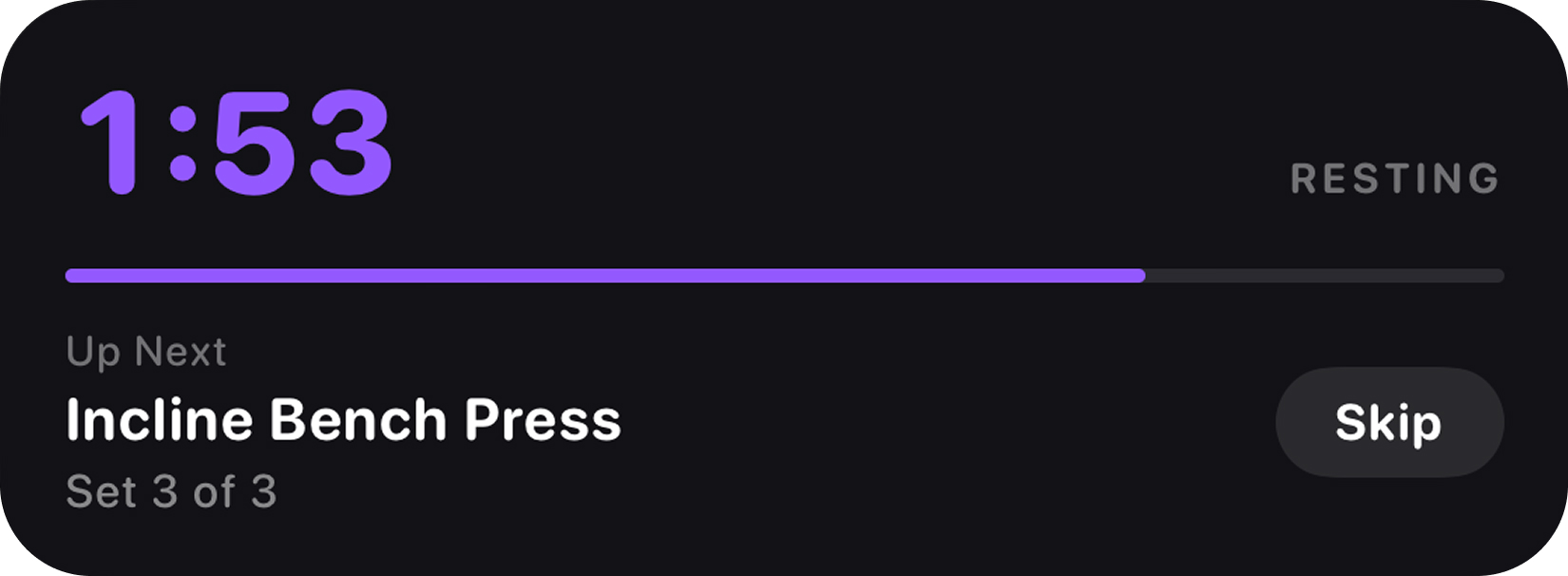 Rest timer live activity widget showing 1:53 countdown