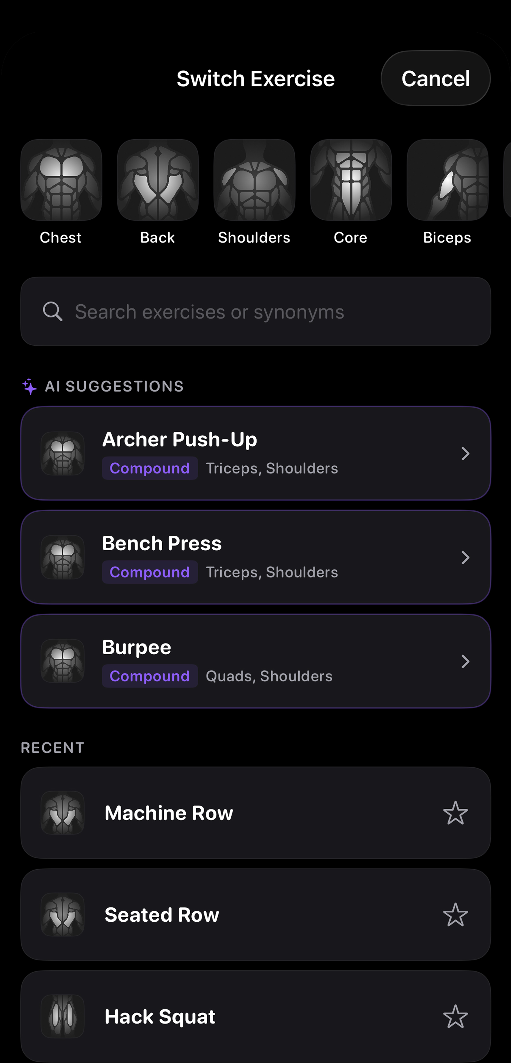 AI exercise swap with smart suggestions